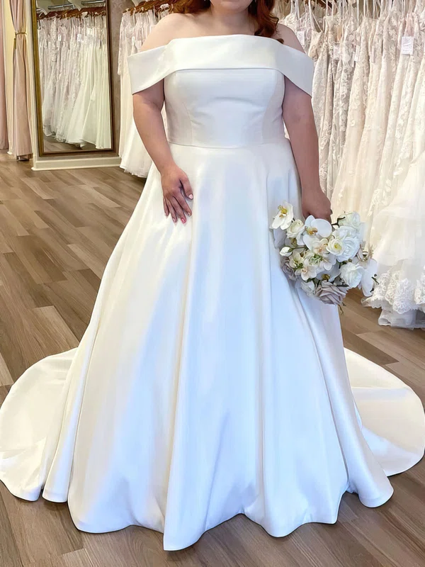 Ball Gown/Princess Off-the-shoulder Satin Court Train Wedding Dress #UKM00028048