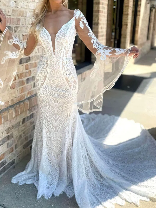Trumpet/Mermaid V-neck Lace Court Train Wedding Dress With Appliques Lace #UKM00028054