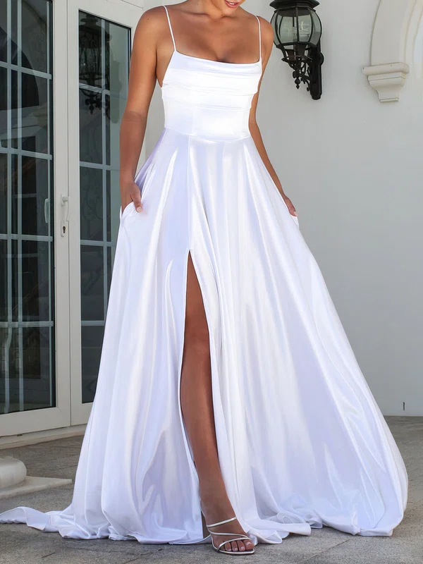 A-line Square Neckline Satin Sweep Train Wedding Dress With Split Front #UKM00026805