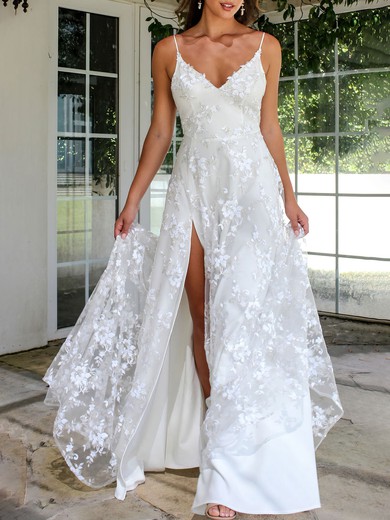 A-line V-neck Lace Sweep Train Wedding Dress With Split Front #UKM00026811