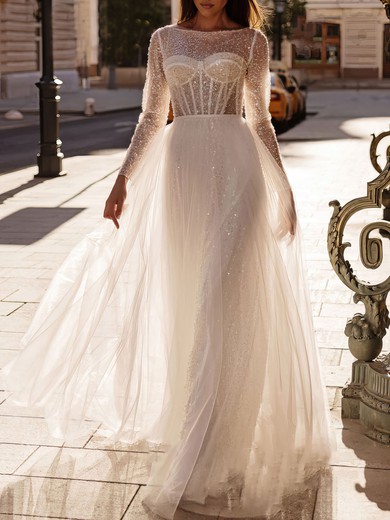 Ball Gown/Princess Scoop Neck Glitter Tulle Sweep Train Wedding Dress With Beading #UKM00027077