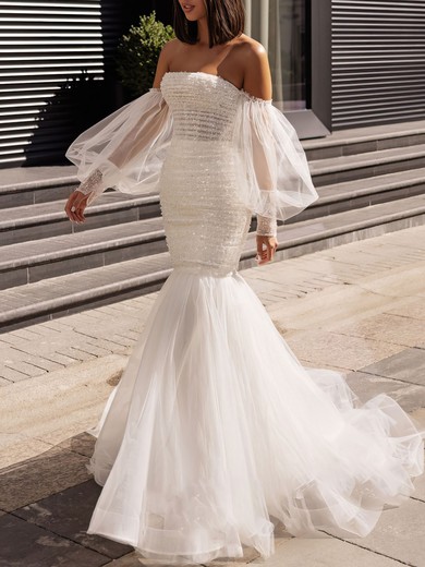 Trumpet/Mermaid Off-the-shoulder Glitter Tulle Sweep Train Wedding Dress With Beading #UKM00027081