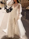 Sheath/Column V-neck Lace Floor-length Wedding Dress With Split Front #UKM00027085