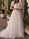 Ball Gown/Princess Scoop Neck Lace Court Train Wedding Dress With Beading #UKM00027087