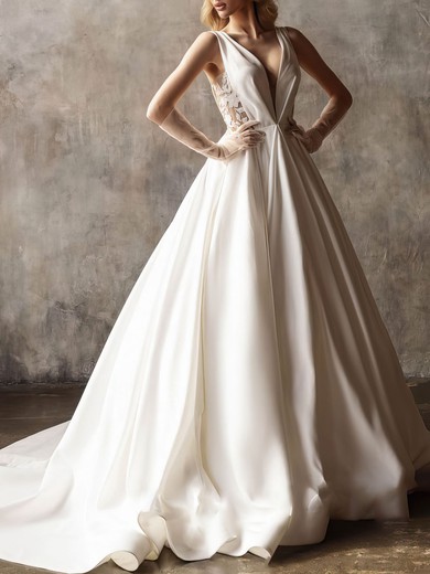 Ball Gown/Princess V-neck Satin Court Train Wedding Dress With Appliques Lace #UKM00027097