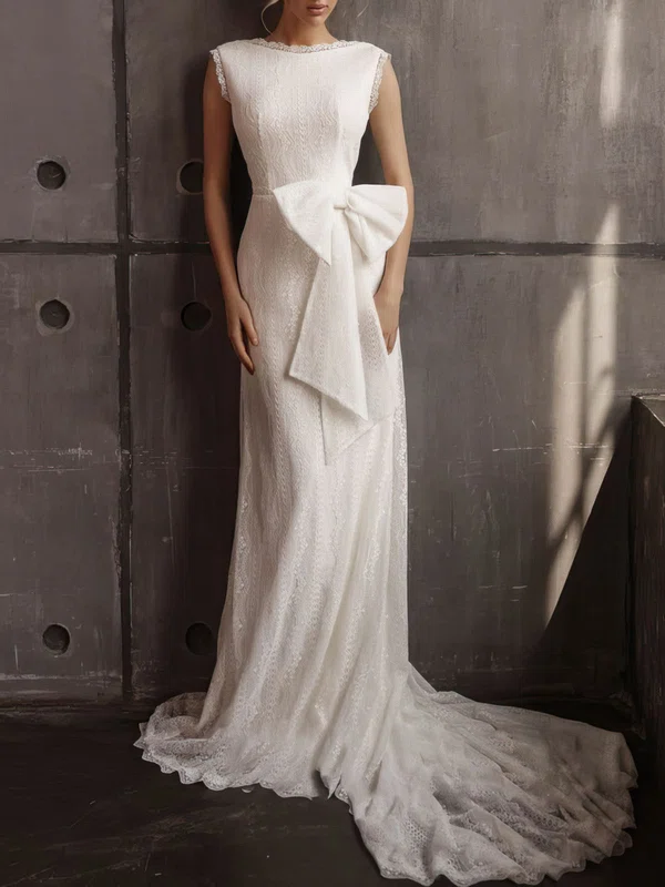 Sheath/Column Scoop Neck Lace Court Train Wedding Dress With Bow #UKM00027099