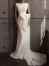 Sheath/Column Scoop Neck Lace Court Train Wedding Dress With Bow #UKM00027099