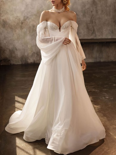 Ball Gown/Princess Off-the-shoulder Chiffon Sweep Train Wedding Dress With Appliques Lace #UKM00027100