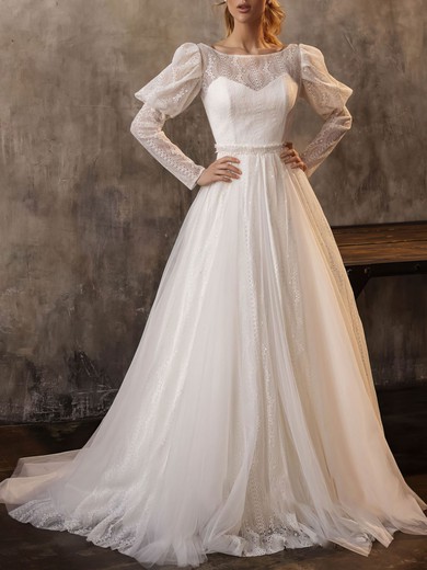 Ball Gown/Princess Scoop Neck Lace Sweep Train Wedding Dress #UKM00027101