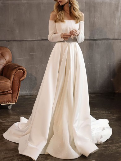 Ball Gown/Princess Off-the-shoulder Glitter Satin Chapel Train Wedding Dress With Beading #UKM00027102