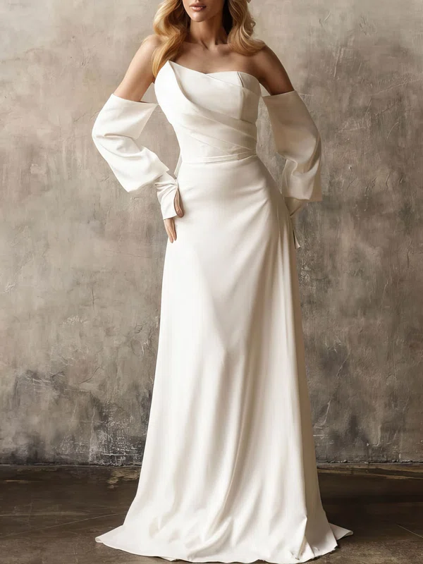 Sheath/Column Straight Satin Sweep Train Wedding Dress With Ruched #UKM00027106