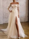 Ball Gown/Princess Off-the-shoulder Tulle Court Train Wedding Dress With Split Front #UKM00027108