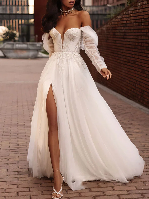 Ball Gown/Princess Off-the-shoulder Tulle Court Train Wedding Dress With Split Front #UKM00027109