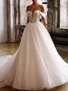 Ball Gown/Princess Off-the-shoulder Glitter Tulle Court Train Wedding Dress With Ruched #UKM00027110