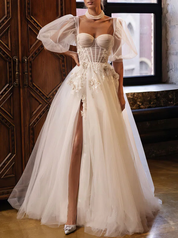 Ball Gown/Princess Sweetheart Tulle Sweep Train Wedding Dress With Split Front #UKM00027116