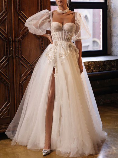 Ball Gown/Princess Sweetheart Tulle Sweep Train Wedding Dress With Split Front #UKM00027116