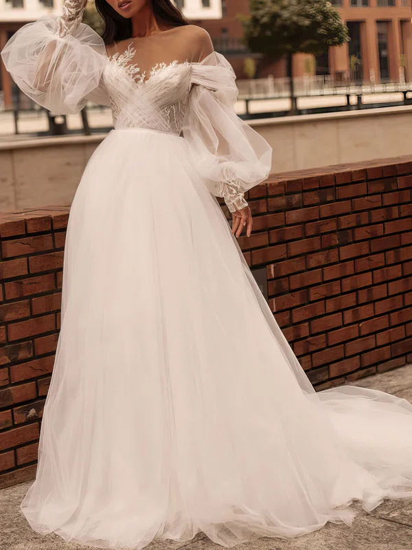 Ball Gown/Princess Illusion Tulle Chapel Train Wedding Dress With Appliques Lace #UKM00027117