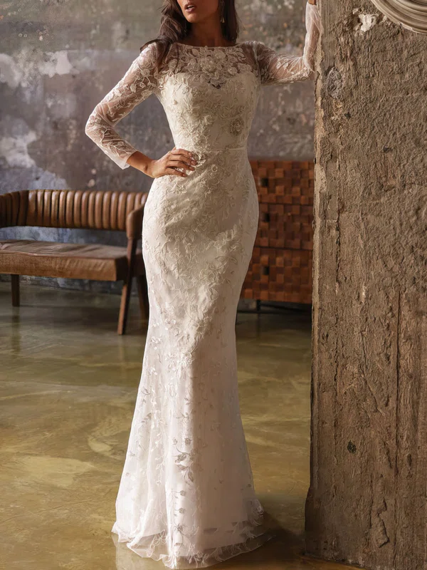 Sheath/Column Scoop Neck Lace Floor-length Wedding Dress With Beading #UKM00027120