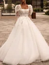 Ball Gown/Princess Square Neckline Tulle Chapel Train Wedding Dress With Appliques Lace #UKM00027122