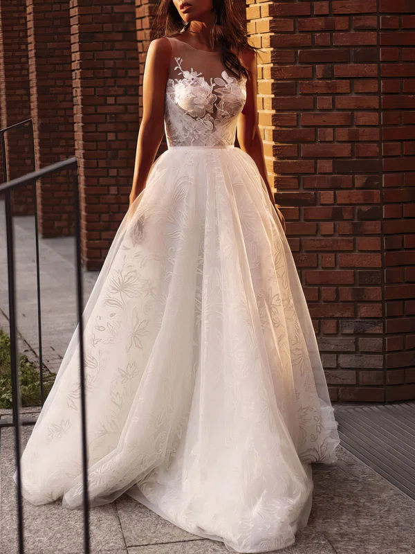 Ball Gown/Princess Illusion Lace Tulle Court Train Wedding Dress With Appliques Lace #UKM00027124