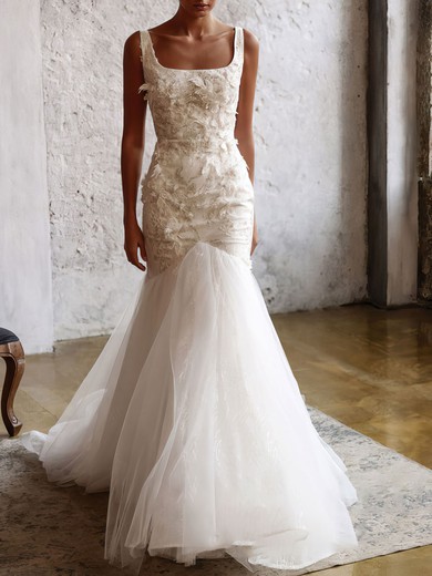 Trumpet/Mermaid Square Neckline Lace Tulle Court Train Wedding Dress With Beading #UKM00027127