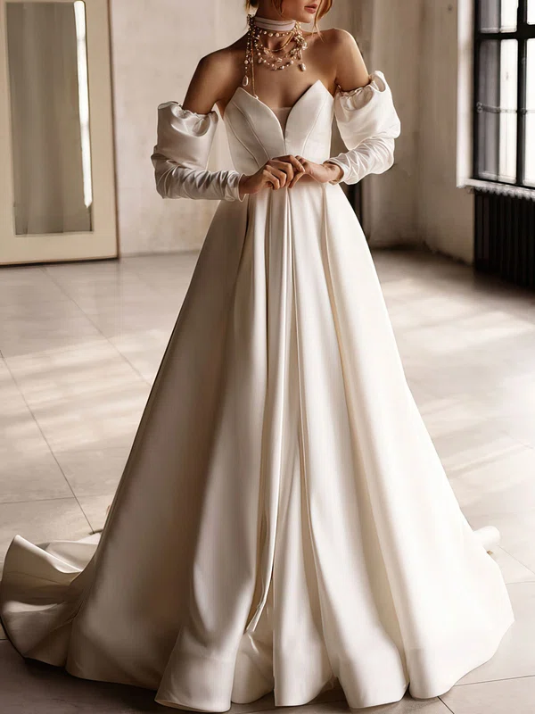 Ball Gown/Princess V-neck Satin Sweep Train Wedding Dress With Ruched #UKM00027129