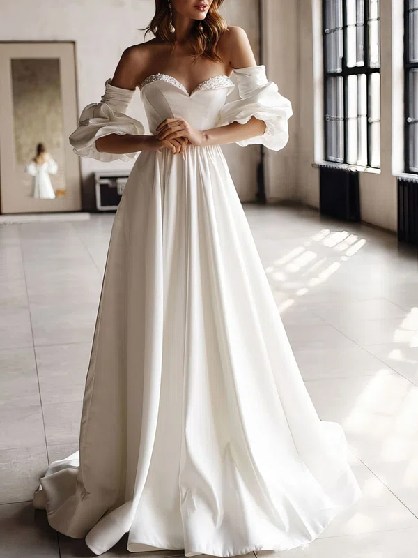 Ball Gown/Princess V-neck Satin Court Train Wedding Dress With Beading #UKM00027132