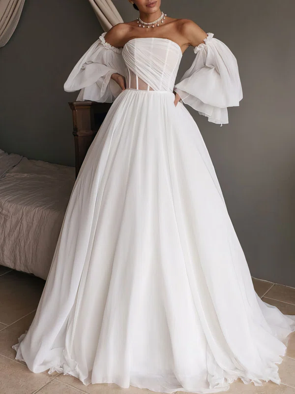 Ball Gown/Princess Straight Chiffon Sweep Train Wedding Dress With Ruched #UKM00027133