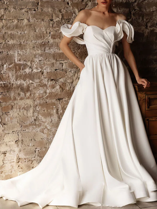 Ball Gown/Princess Off-the-shoulder Satin Court Train Wedding Dress With Ruched #UKM00027135