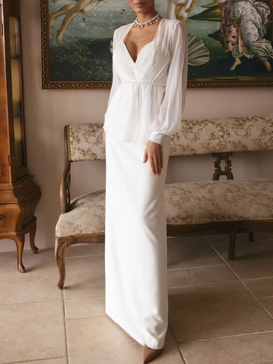 Sheath/Column V-neck Satin Floor-length Wedding Dress #UKM00027138