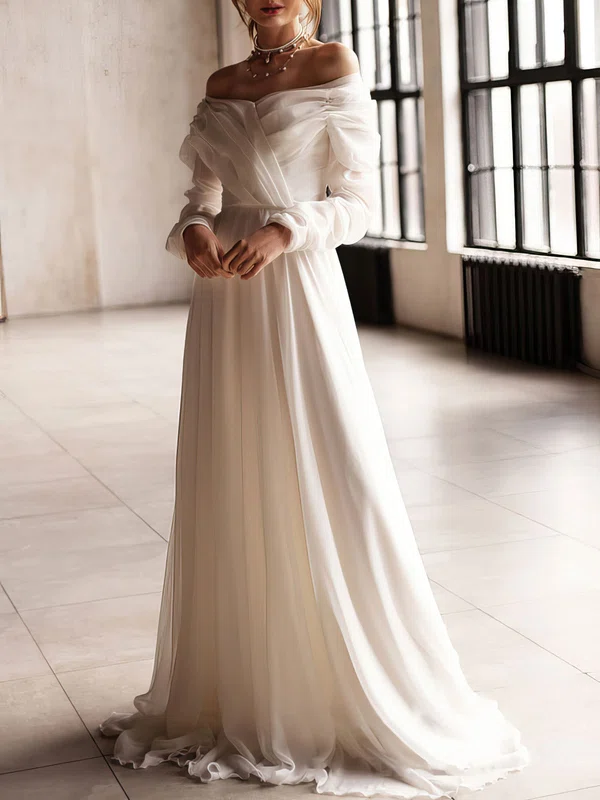 Ball Gown/Princess Off-the-shoulder Chiffon Court Train Wedding Dress With Ruched #UKM00027139