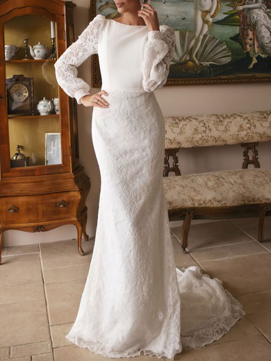 Trumpet/Mermaid Scoop Neck Lace Court Train Wedding Dress With Appliques Lace #UKM00027141