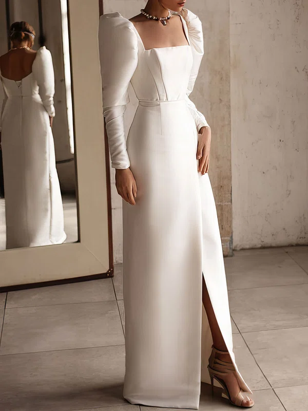 Sheath/Column Square Neckline Stretch Crepe Floor-length Wedding Dress With Split Front #UKM00027144