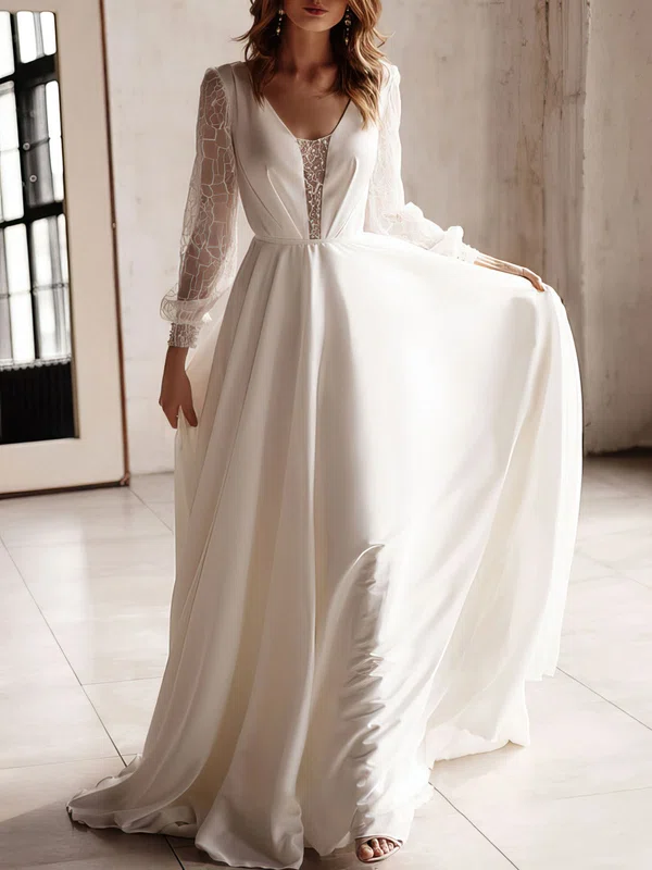 A-line V-neck Satin Chiffon Sweep Train Wedding Dress With Appliques Lace #UKM00027145