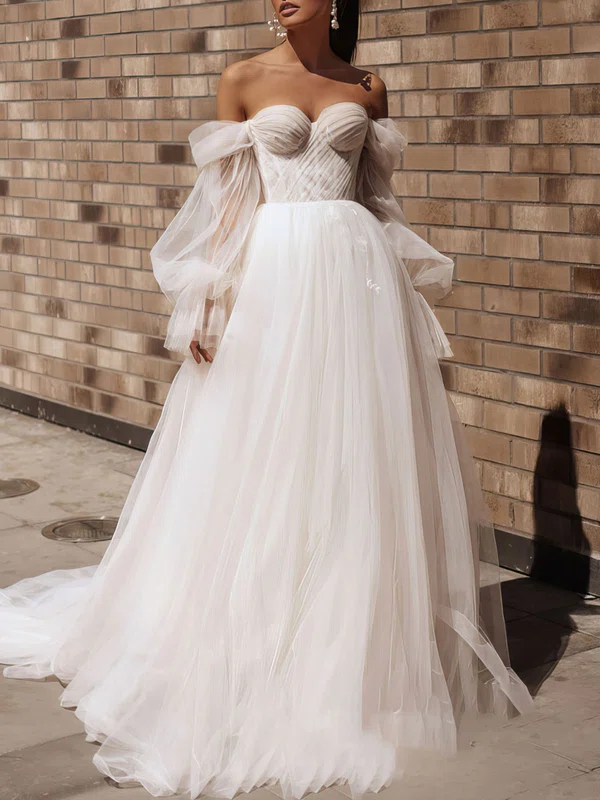 Ball Gown/Princess Off-the-shoulder Tulle Court Train Wedding Dress With Appliques Lace #UKM00027148