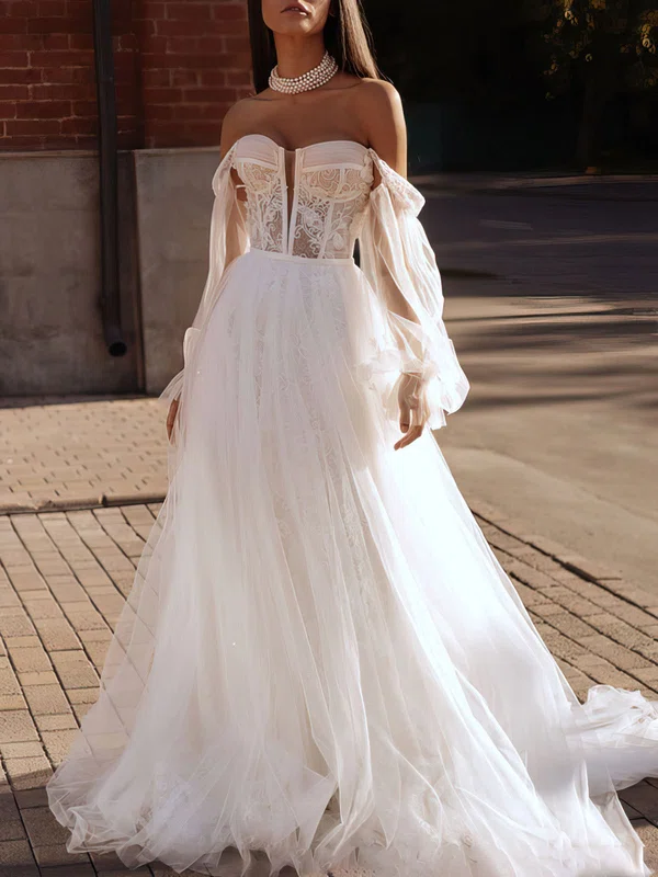 Ball Gown/Princess Off-the-shoulder Lace Tulle Sweep Train Wedding Dress With Appliques Lace #UKM00027153