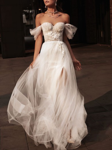 Ball Gown/Princess Off-the-shoulder Lace Tulle Sweep Train Wedding Dress With Split Front #UKM00027156