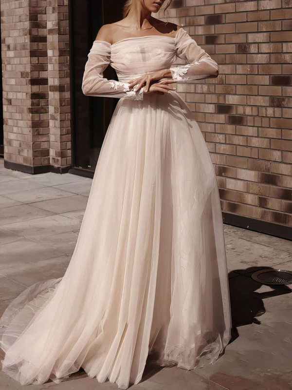 Ball Gown/Princess Off-the-shoulder Tulle Court Train Wedding Dress With Appliques Lace #UKM00027161