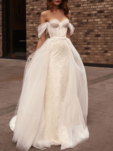 Sheath/Column Off-the-shoulder Lace Court Train Wedding Dress With Ruched #UKM00027166