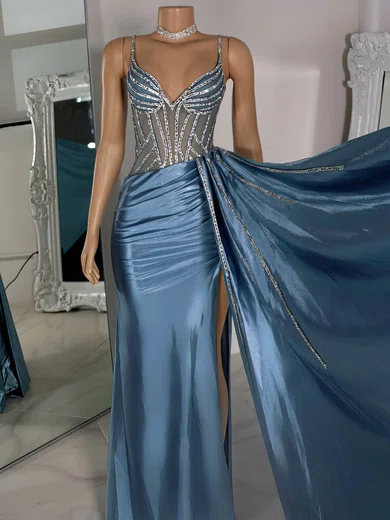 Sheath/Column V-neck Ruched Satin Prom Dresses With Beading #UKM020122215