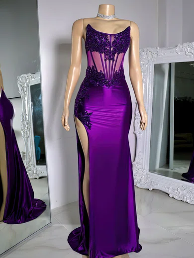 Sheath/Column Strapless Satin Corset Prom Dresses With Appliques #UKM020122222