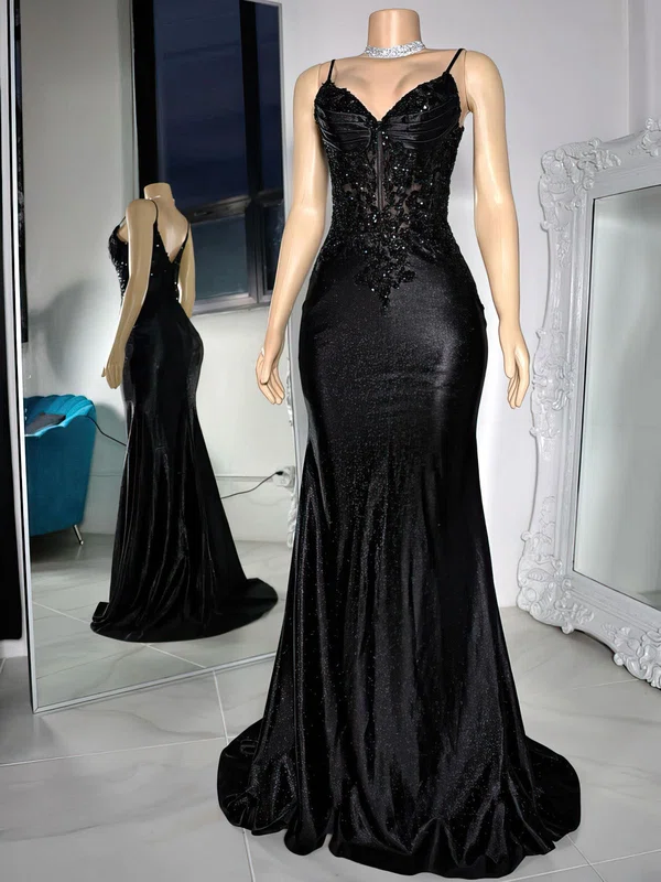 Trumpet/Mermaid V-neck Glitter Sweep Train Prom Dress With Appliques Lace #UKM020122227