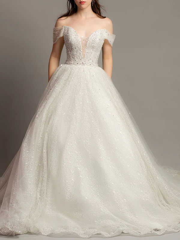 Ball Gown/Princess Off-the-shoulder Tulle Court Train Wedding Dress With Beading #UKM00028123