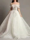 Ball Gown/Princess Off-the-shoulder Tulle Lace Court Train Wedding Dress With Beading #UKM00028124