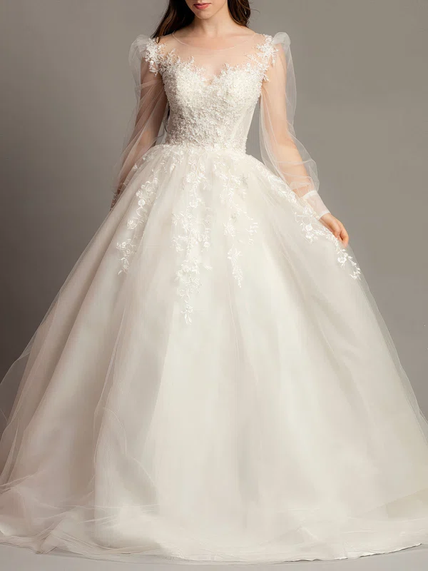 Ball Gown/Princess Illusion Tulle Sweep Train Wedding Dress With Beading #UKM00028128