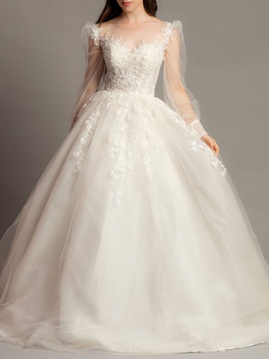 Ball Gown/Princess Illusion Tulle Sweep Train Wedding Dress With Beading #UKM00028128