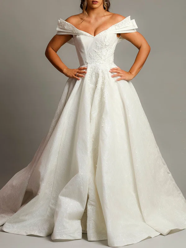 Ball Gown/Princess Off-the-shoulder Lace Sweep Train Wedding Dress With Beading #UKM00028129