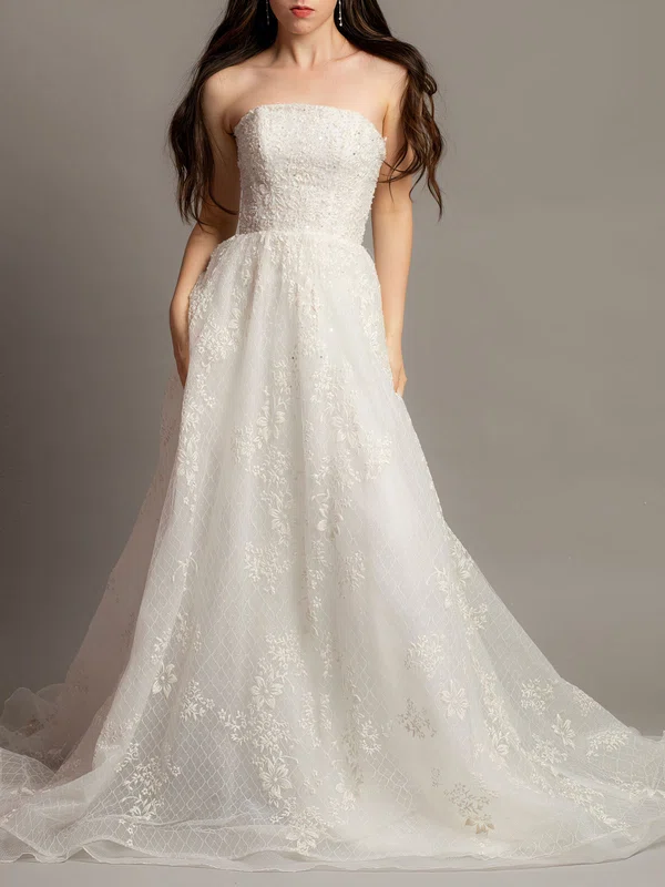 Ball Gown/Princess Straight Lace Court Train Wedding Dress With Beading #UKM00028130