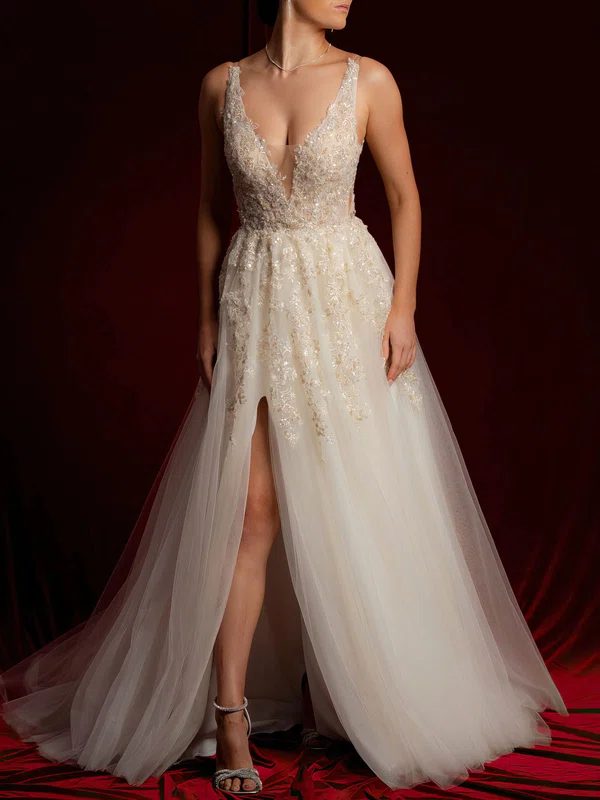 Ball Gown/Princess V-neck Tulle Sweep Train Wedding Dress With Split Front #UKM00028131