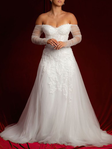 Ball Gown/Princess Off-the-shoulder Tulle Sweep Train Wedding Dress With Appliques Lace #UKM00028132